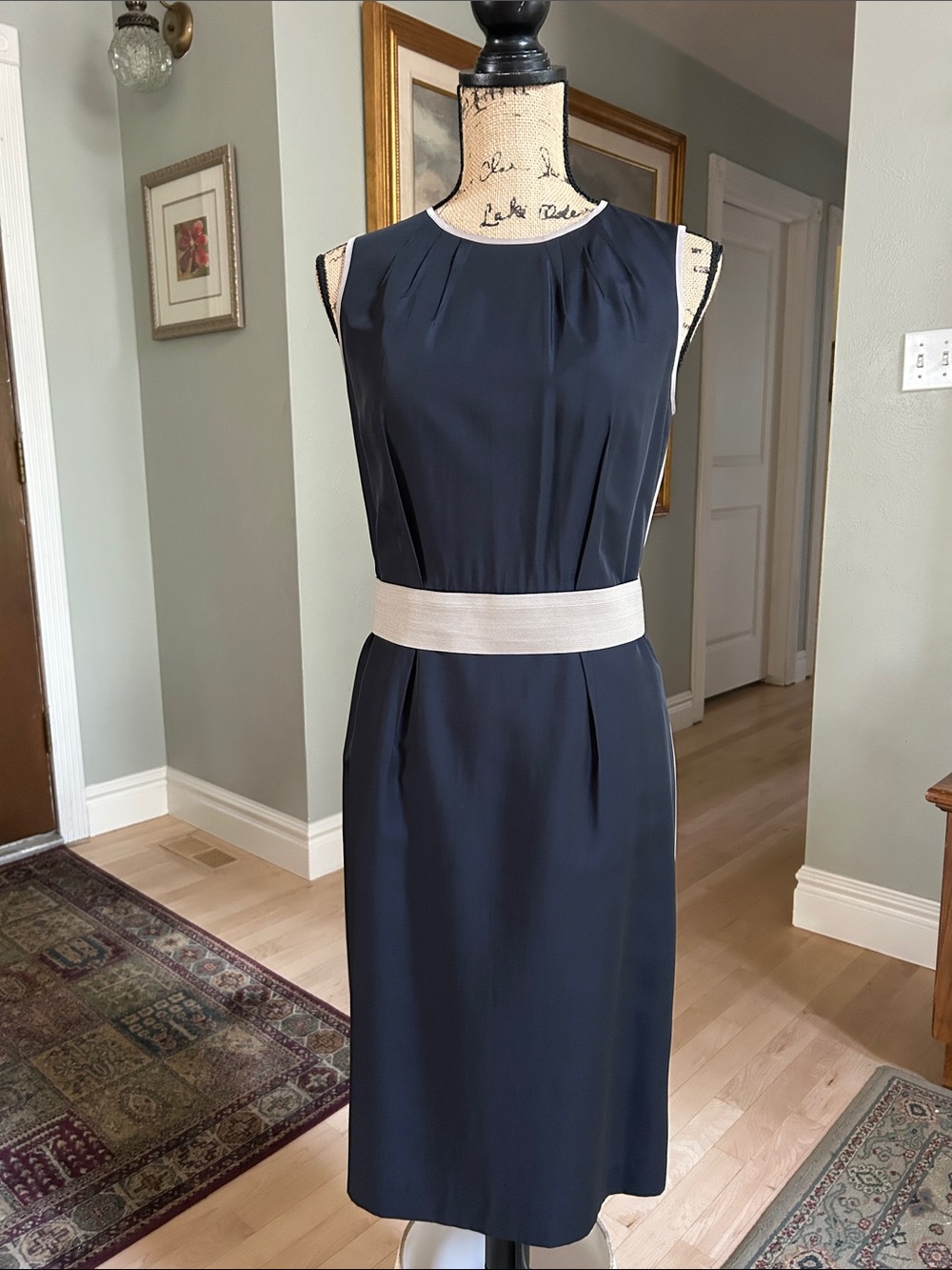 Ann Taylor Navy Midi Sheath Dress with Cream Waistband